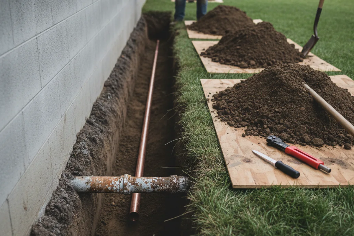Excavated water line trench during Sewer Line Repair in Eastchester
